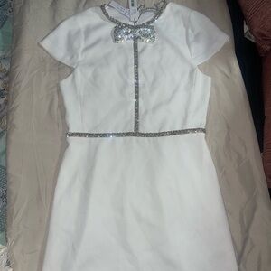 Alice + Olivia White Midi Dress with Silver Sequin Bow & Trim